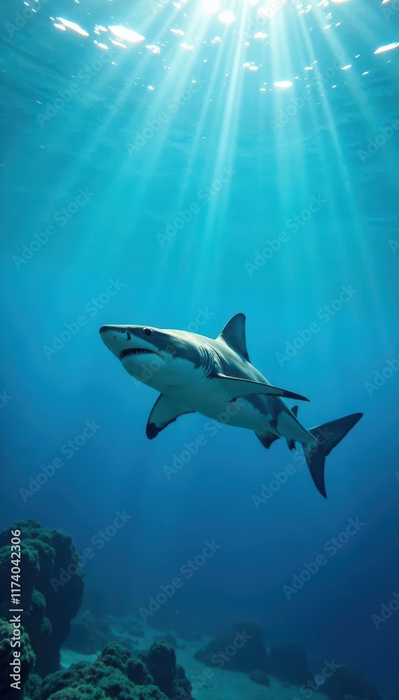 Fototapeta premium Large shark swimming alone on a clear blue ocean background, sea creature, ocean
