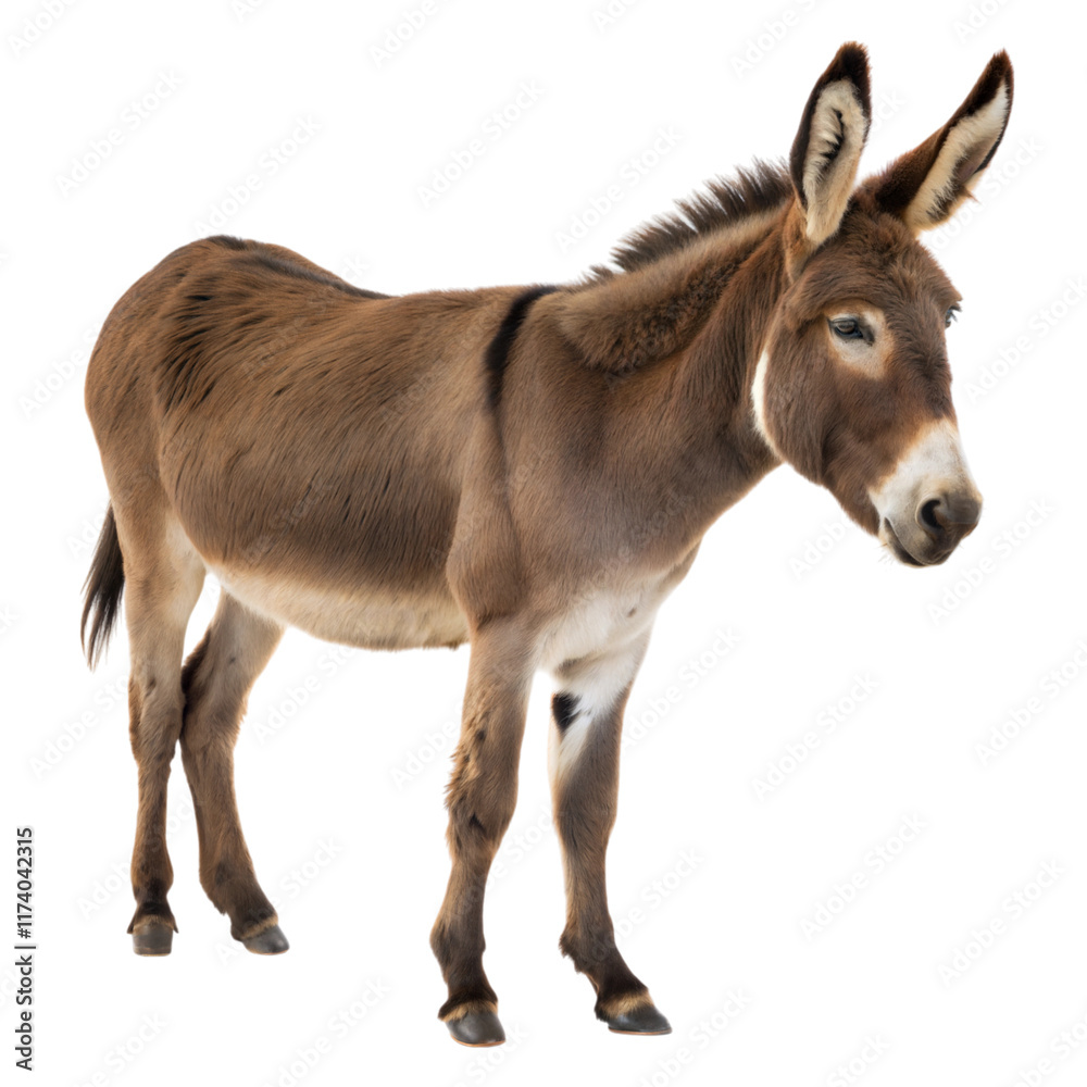 Domesticated donkey, standing on a white or transparent isolated background. Domesticated donkey, standing on a white or transparent isolated background.