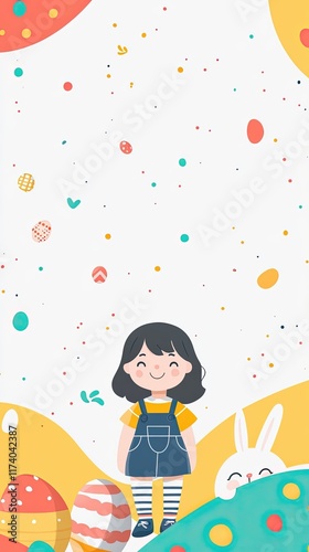 Smiling cartoon girl in denim overalls with striped socks standing among colorful Easter eggs and a peeking white bunny on a cheerful abstract background photo