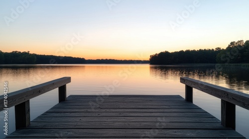Wallpaper Mural A serene wooden dock extends over a tranquil lake at sunset, reflecting warm hues of orange and blue across the water's surface. Torontodigital.ca