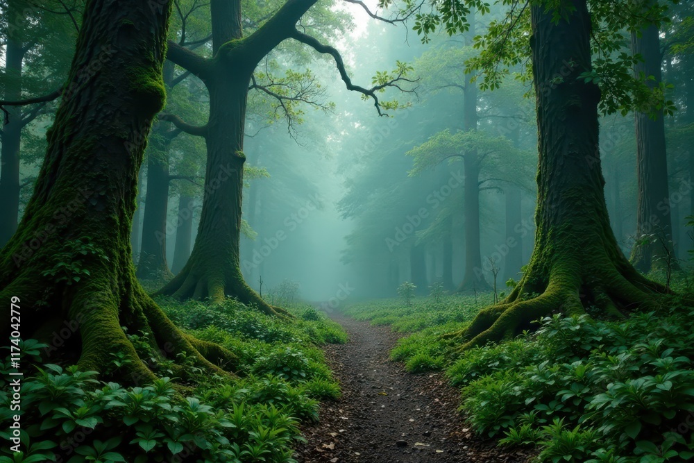 Misted forest with overgrown vegetation and mossy trees in a shabby style , white, forest, weathered Misted forest with overgrown vegetation and mossy trees in a shabby style , white, forest, weathered