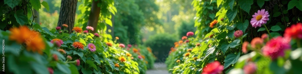 Obraz premium Overgrown garden with vines and flowers, foliage blurred , greenery, flowers