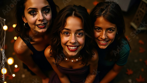 Grupa przyjaciół w makijażu i kostiumach na Halloween na świeżym powietrzu photo
