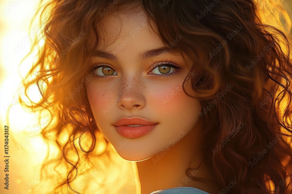 anime girl with curly wavy hair flowing in golden hour light dreamy background anime girl with curly wavy hair flowing in golden hour light dreamy background