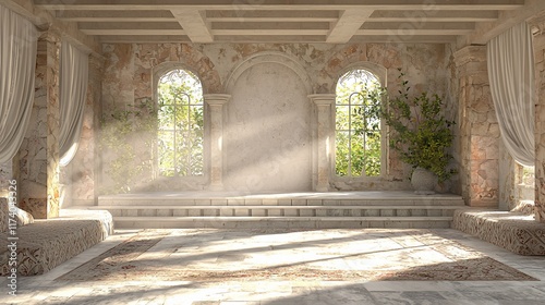 Sunlit stone room with arched windows, plush seating, and a raised platform.