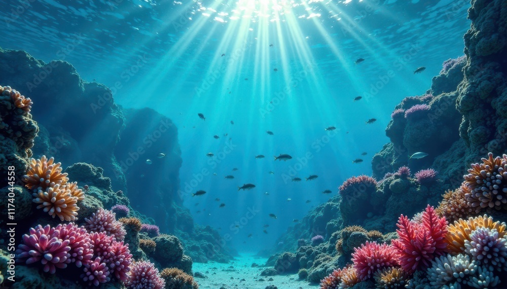 Naklejka premium Underwater scene at waterline with schools of small fish , algae, sea