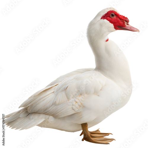 White duck with red face standing on white or transparent isolate background. photo