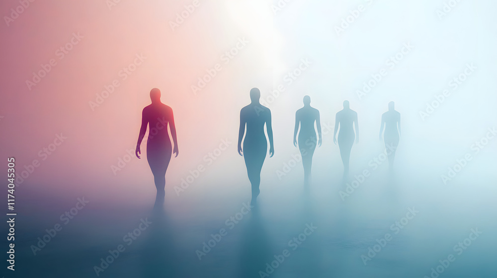 Fototapeta premium Figures walking through a misty environment.