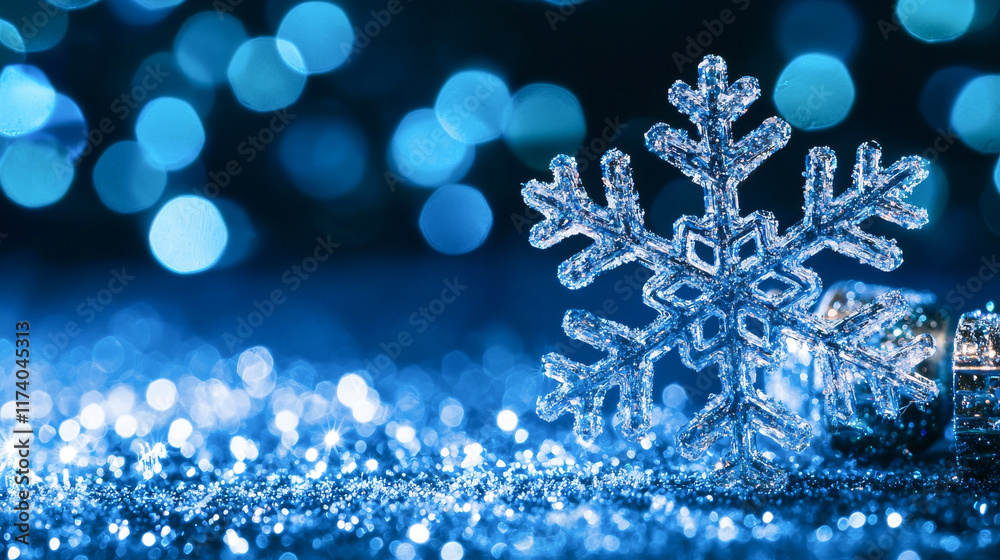 Sparkling Snowflake on Glittery Surface with Festive Blue Bokeh Background. Concept of Winter Holidays, Christmas Celebration, Seasonal Magic, and Festive Decor. Copy space Sparkling Snowflake on Glittery Surface with Festive Blue Bokeh Background. Concept of Winter Holidays, Christmas Celebration, Seasonal Magic, and Festive Decor. Copy space