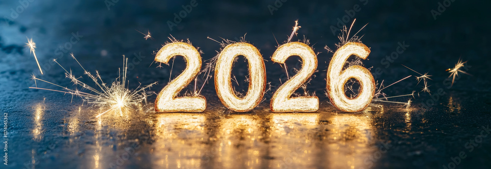 Sparkling Numbers 2026 Celebrating New Year Excitement and Holiday Cheer with Festive Fireworks Near a Glowing Display of Bright Sparks on a Reflective Surface. Christmas. Banner Sparkling Numbers 2026 Celebrating New Year Excitement and Holiday Cheer with Festive Fireworks Near a Glowing Display of Bright Sparks on a Reflective Surface. Christmas. Banner