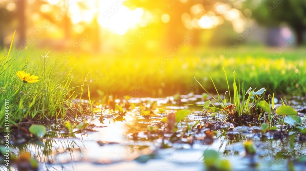 Fototapeta premium Tranquil Pond Scene with Soft Natural Lighting