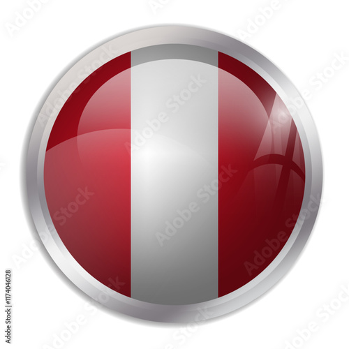 Peru flag - glossy circle button displays a colorful flag representing a country cultural identity and heritage. The essence of national pride and unity.