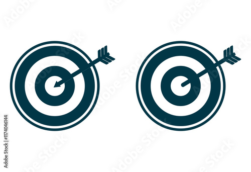 Two targets with arrows hitting the center, Two target boards with arrows hitting the bullseye, dart, target goal, success, vector, arrow, goal.