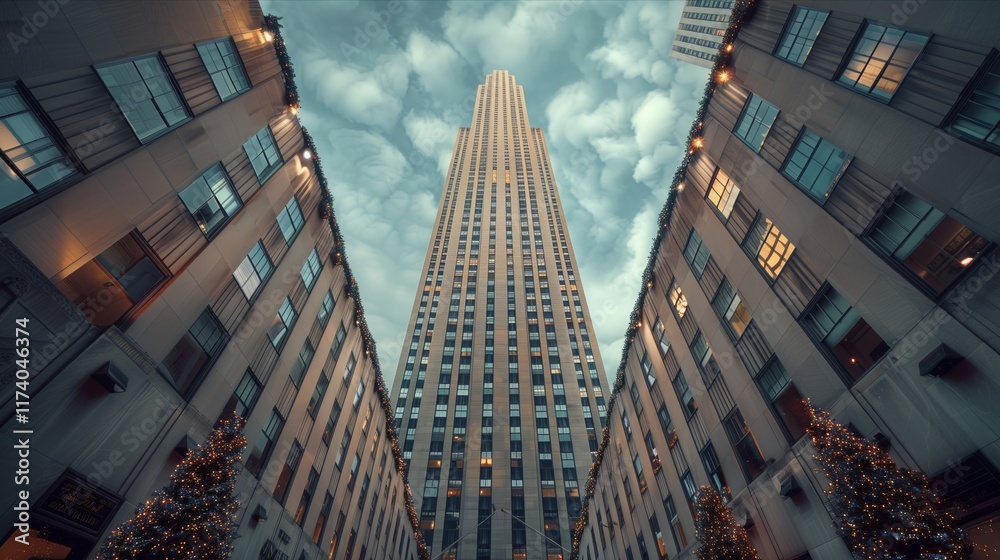 Fototapeta premium A towering skyscraper framed by surrounding buildings under a dramatic sky.
