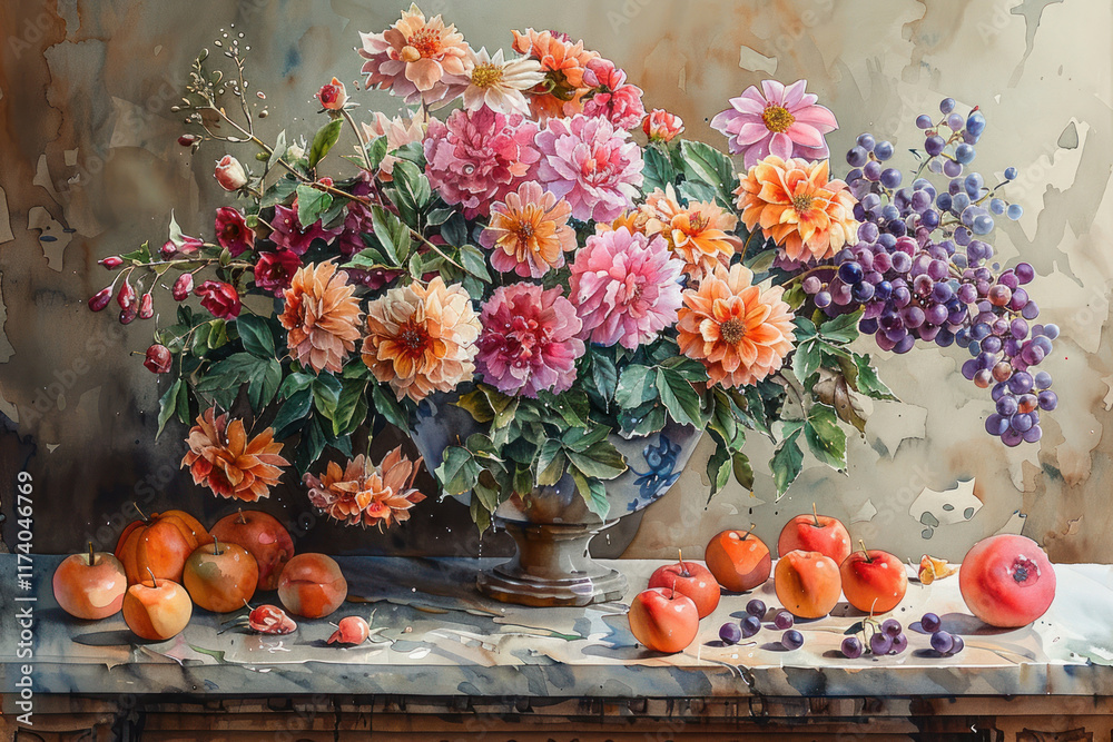 Obraz premium still life with a flower arrangement in the center. 