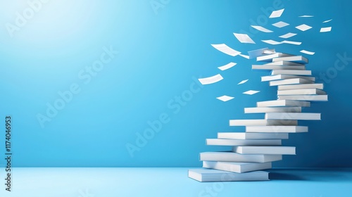 Lifelong learning visualized as ascending stacked books conceptual art bright blue background inspirational perspective