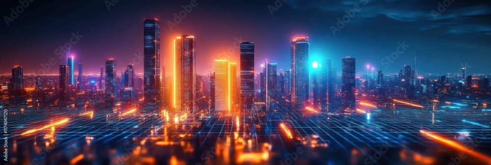 Futuristic Smart City with Skyscrapers and Neon Lights Connected by Digital Pathways and Technology Integration Futuristic Smart City with Skyscrapers and Neon Lights Connected by Digital Pathways and Technology Integration