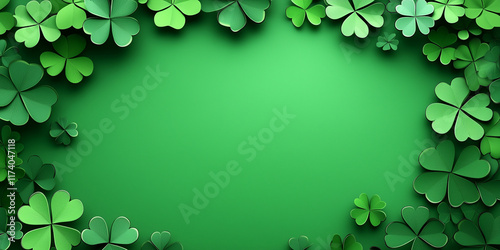 Vibrant green empty background with shamrock border, design for St. Patrick's Day greetings and invitations