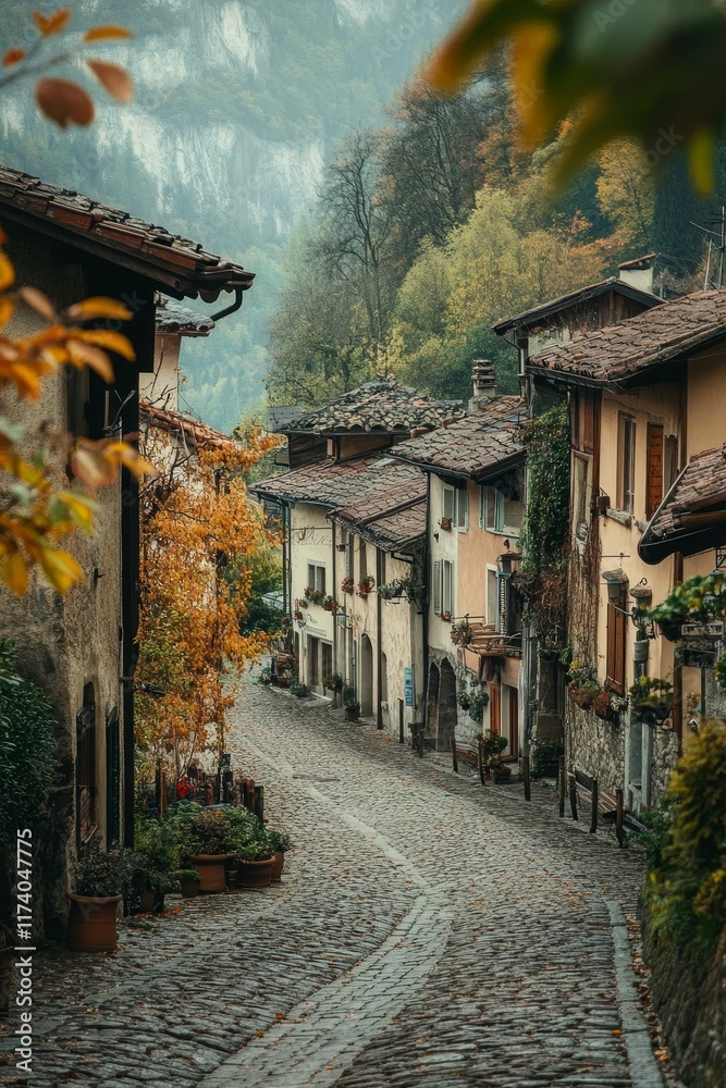 Obraz premium Stone street, autumnal village, nestled hills.