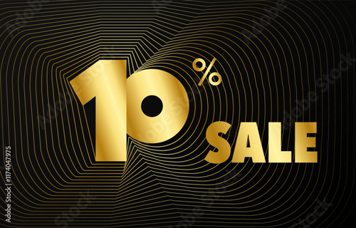 Futuristic golden wave frame sale number vector black background, shiny metal gold gradient rotate line border sales promotion illustration, 10% off, ten percent discount web banner poster template