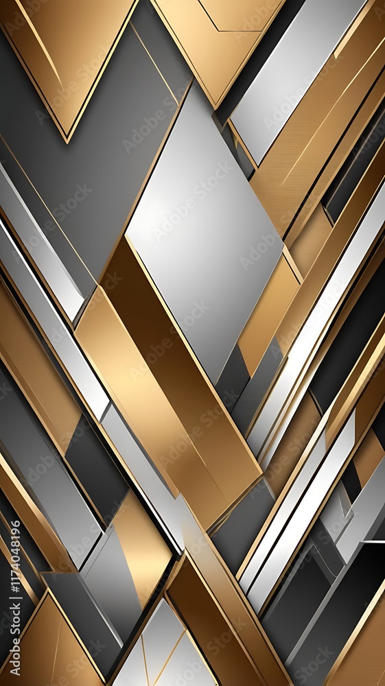 Fototapeta premium A sleek metallic background featuring sharp geometric patterns in shades of gold, silver, and bronze, with a reflective and modern aesthetic.