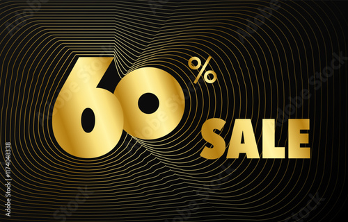 Futuristic golden wave frame sale number vector black background, shiny metal gold gradient rotate line border sales promotion illustration, 10% off, ten percent discount web banner poster template