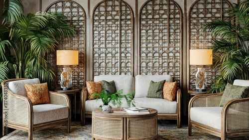 Wallpaper Mural Stylish living room with rattan furniture and tropical decor elements in a modern interior Torontodigital.ca