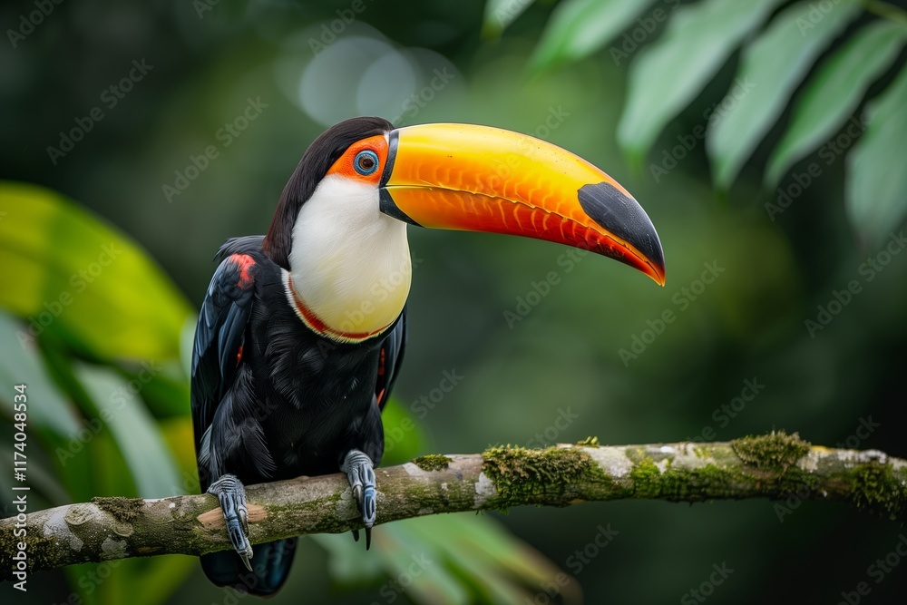Obraz premium A vibrant toucan perches on a branch amidst lush green foliage, showcasing its stunning beak and colorful plumage.