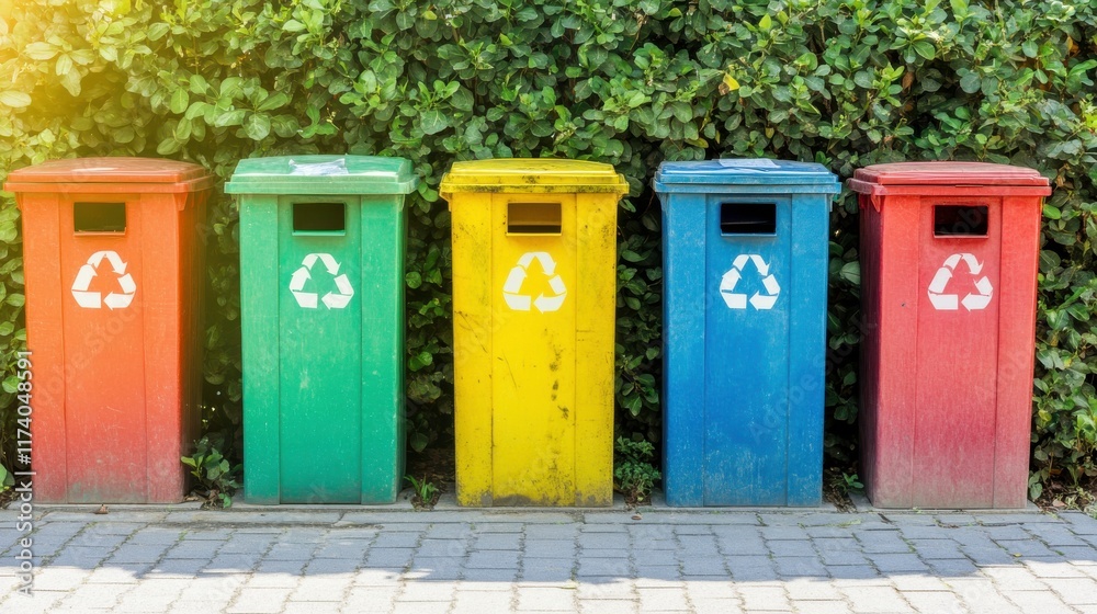 Vibrant Recycling Bins in Schoolyard Setting Vibrant Recycling Bins in Schoolyard Setting