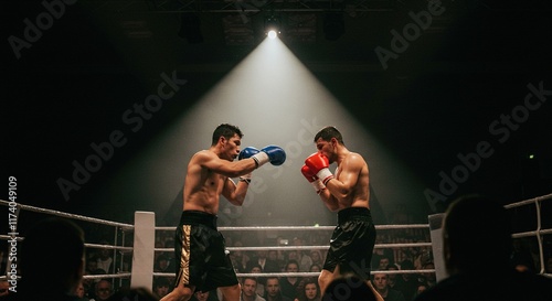 Two Boxers Facing Off in a Lit Boxing Ring