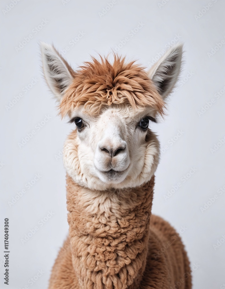 Obraz premium Adorable alpaca portrait against a light background Soft fluffy fur and expressive eyes