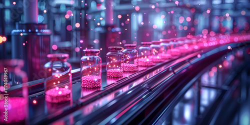Pills Bottles on Rack During Process: Efficient Pharmaceutical Manufacturing, Quality Control, and Packaging in Drug Production

