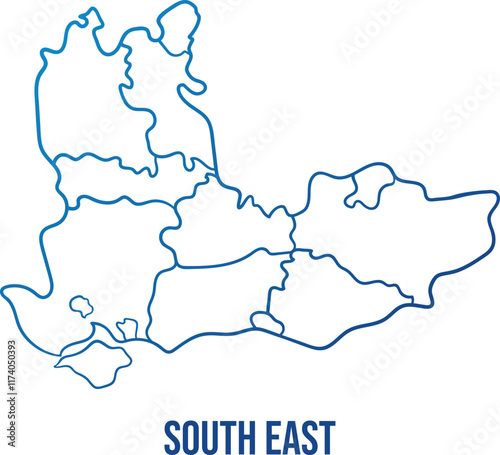 South East region of England with administrative subdivisions. Abstract hand drawn simplified shape map. Soft blue gradient outline map to use for any purpose