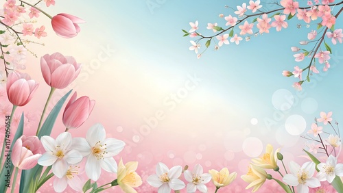 spring background with flowers and butterflies