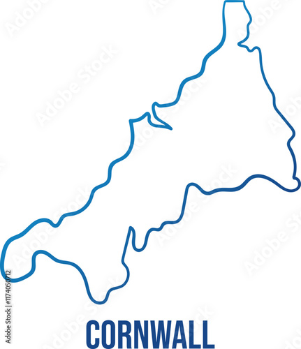 Cornwall ceremonial county simplified map. Hand drawn abstract line map. Illuminated Blue gradient contour