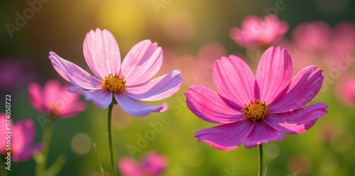 Delicate cosmos blossoms in vibrant garden, sunlight dappled petals , cosmos, nature