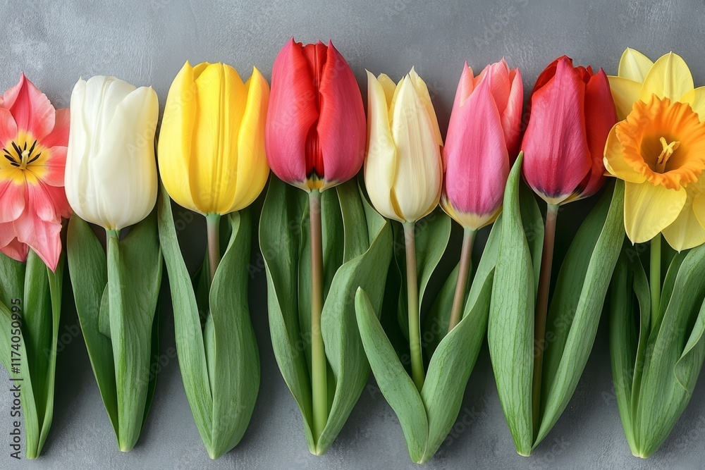 Obraz premium A lovely bouquet of spring blooms on a pastel-colored table top, making a perfect International Women's Day greeting card. Displayed in a flat lay style.