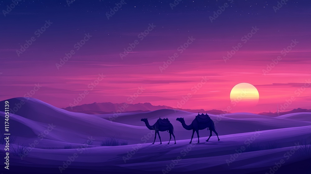 Fototapeta premium Silhouetted Dromedary Camels Traverse Desert Sand Dunes at Vibrant, Purple Sunset With Setting Sun
