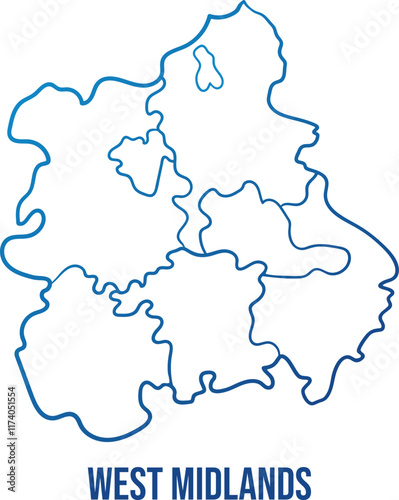 West Midlands region of England with administrative subdivisions. Abstract hand drawn simplified shape map. Soft blue gradient outline map to use for any purpose