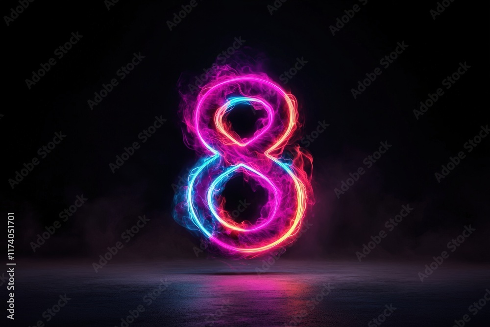 Neon number eight with colorful glowing smoke effect on dark background