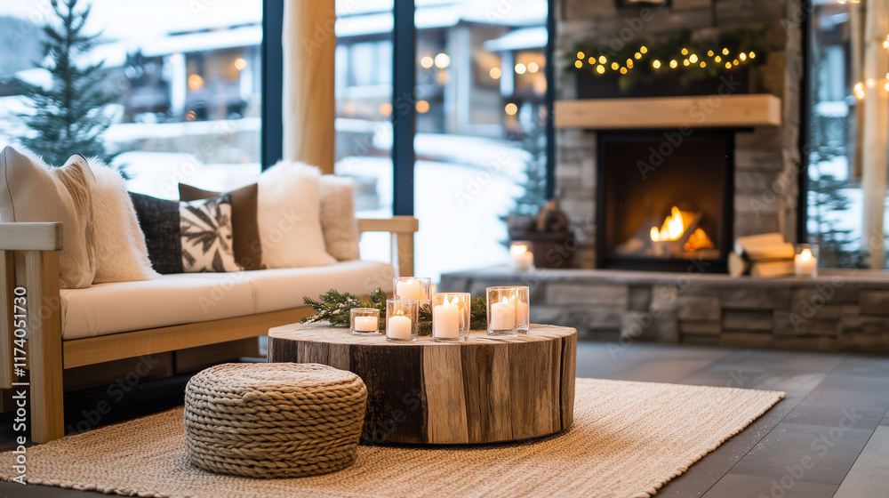 A beautifully decorated lounge area with a warm fireplace, snow-covered windows, and soft seating arranged on a textured rug. Candles and wooden accents enhance the rustic elegance A beautifully decorated lounge area with a warm fireplace, snow-covered windows, and soft seating arranged on a textured rug. Candles and wooden accents enhance the rustic elegance