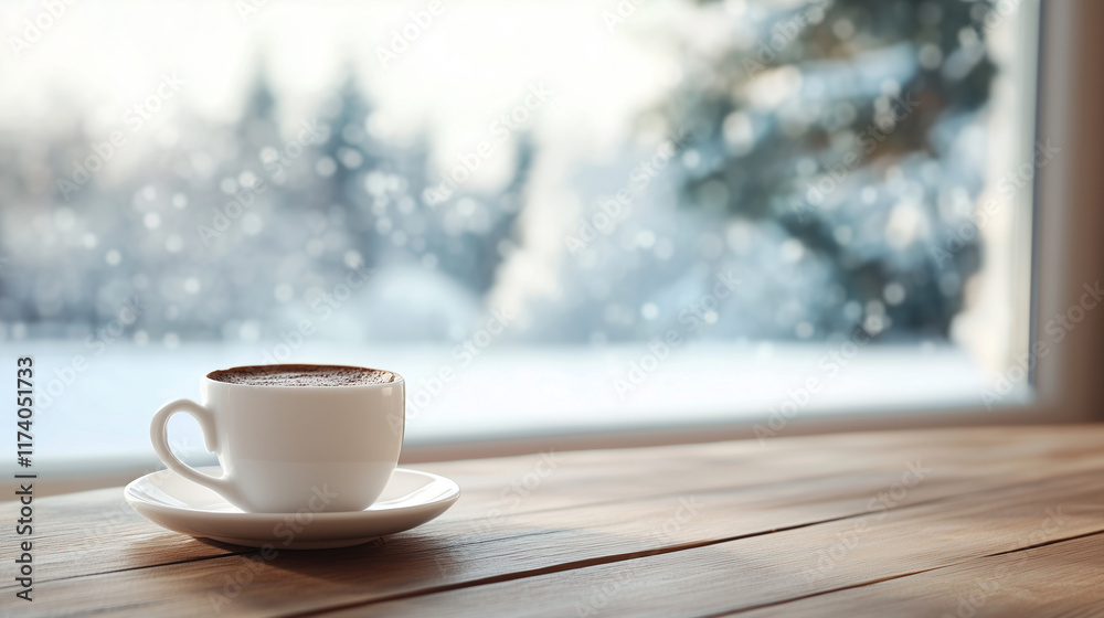 Fototapeta premium A hot cup of coffee on a rustic wooden table, framed by a frosted window overlooking a tranquil snowy landscape. The simplicity and warmth of the setup contrast beautifully with th