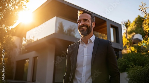 Happy businessman standing outside modern house at sunset.