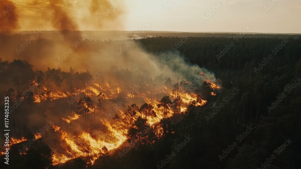 Obraz premium Wildfire Effects on Forest Near Village at Midday