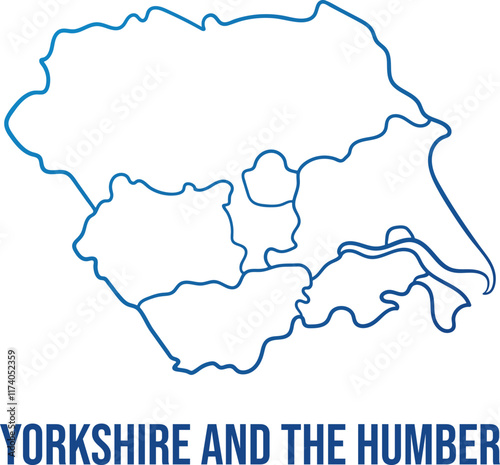 Yorkshire and the Humber region of England with administrative subdivisions. Abstract hand drawn simplified shape map. Soft blue gradient outline map to use for any purpose