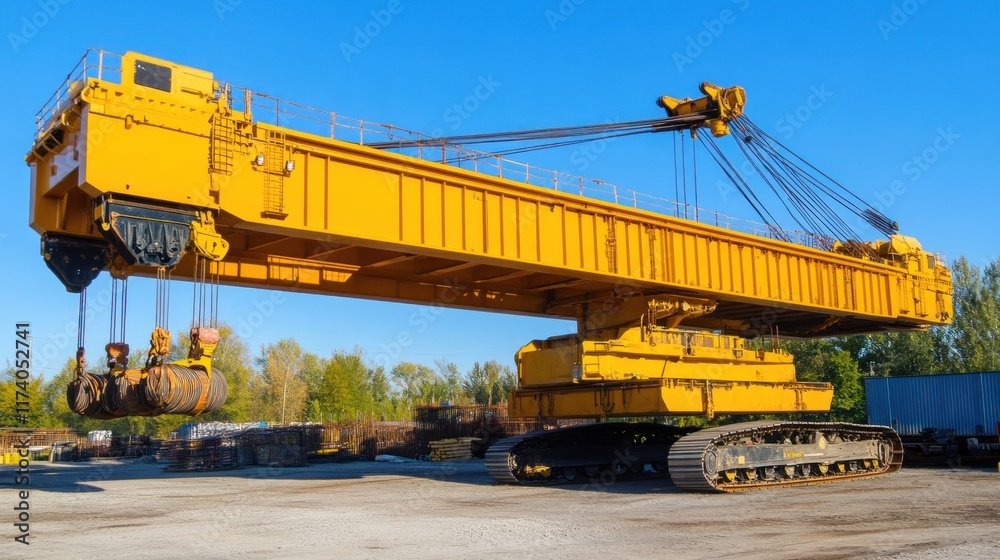 A large yellow crane on tracks, used for heavy lifting and construction tasks. A large yellow crane on tracks, used for heavy lifting and construction tasks.