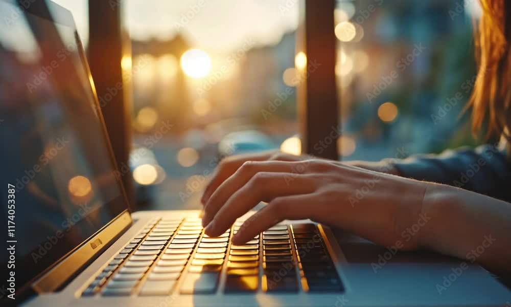 Caucasian female hands typing and working on laptop at home with sunset in background, slow motion