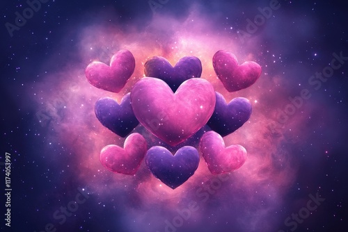 Cosmic heart cluster in celestial space nebula with pink and purple hues