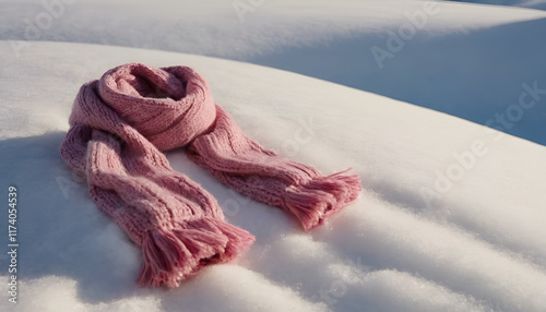 pink knitted scarf laying on the snow