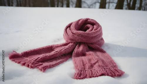 pink knitted scarf laying on the snow